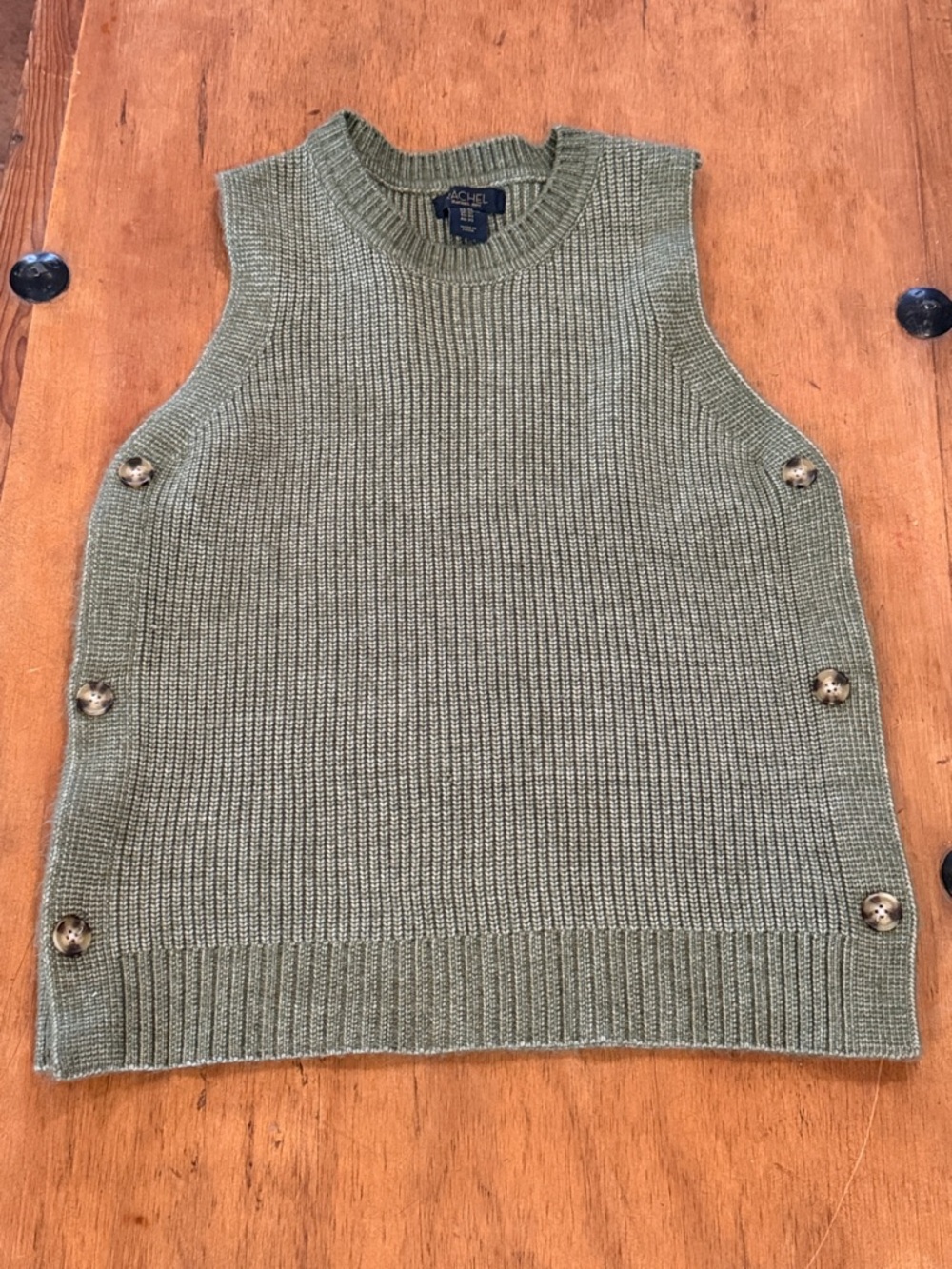 RACHEL Rachel Roy Olive Green Ribbed Sleeveless Knit Vest with Side Buttons